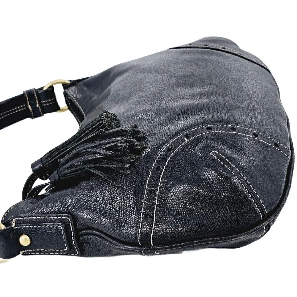 TALBOTS Black Glazed Textured Leather Hobo Shoulder Bag Silver Hardware Tassel
